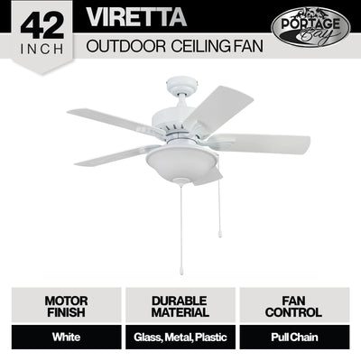 Portage Bay 42" Ceiling Fan w/Light, Quiet Motor & Pull Chain, White (Open Box) - VMInnovations