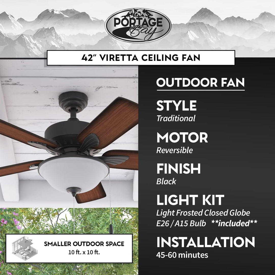 Portage Bay Viretta 42" Ceiling Fan with Light, Quiet Motor & Pull Chain, Black - VMInnovations