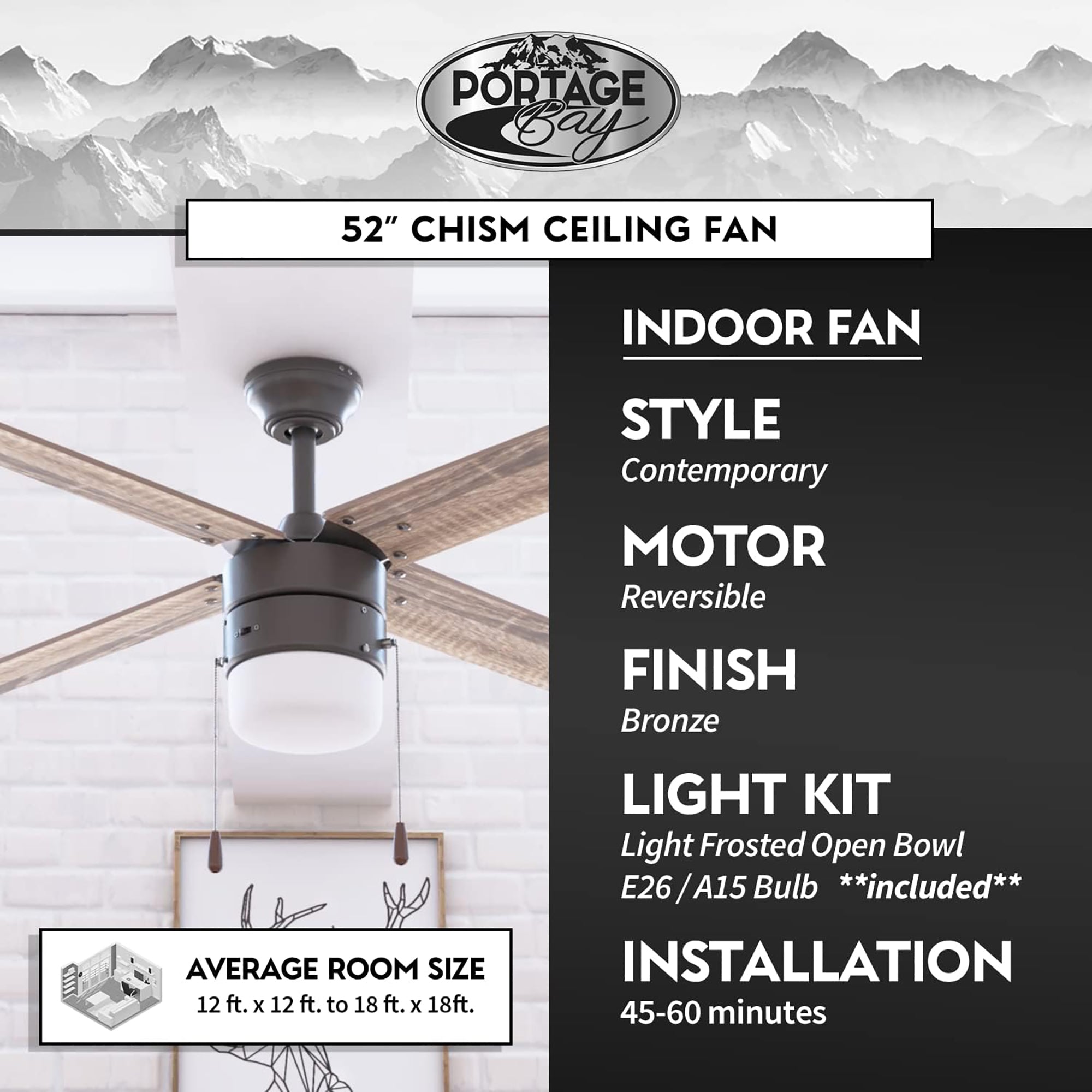Portage Bay Chism 52" Ceiling Fan with Light, Quiet Motor & Pull Chain, Bronze - VMInnovations
