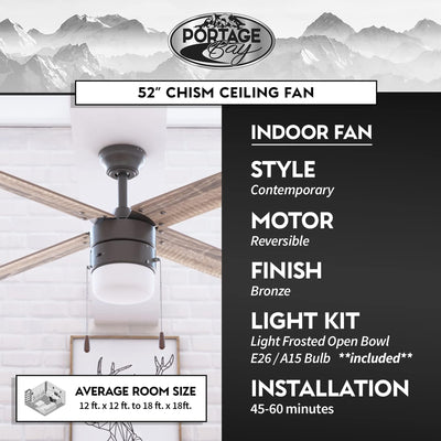 Portage Bay Chism 52" Ceiling Fan with Light, Quiet Motor & Pull Chain, Bronze - VMInnovations