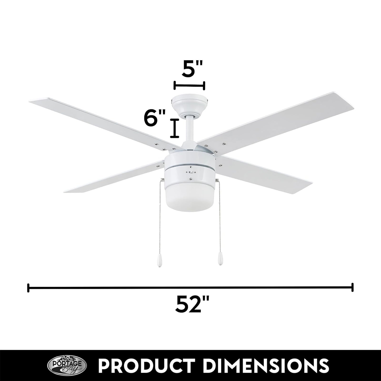 Portage Bay Chism 52" Ceiling Fan with Light, Quiet Motor & Pull Chain, White - VMInnovations