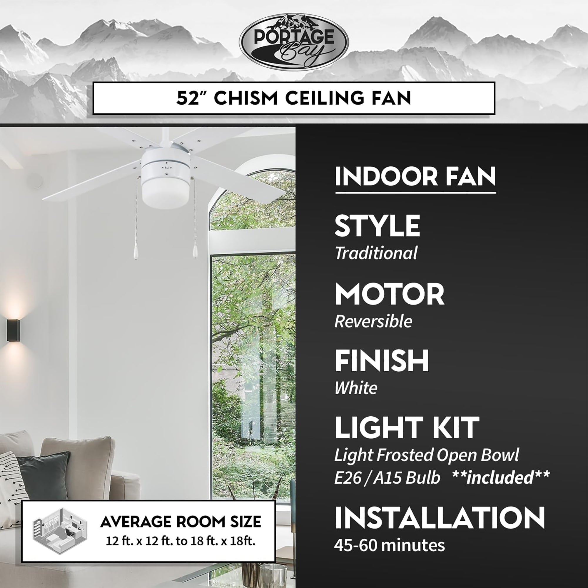 Portage Bay Chism 52" Ceiling Fan with Light, Quiet Motor & Pull Chain, White - VMInnovations