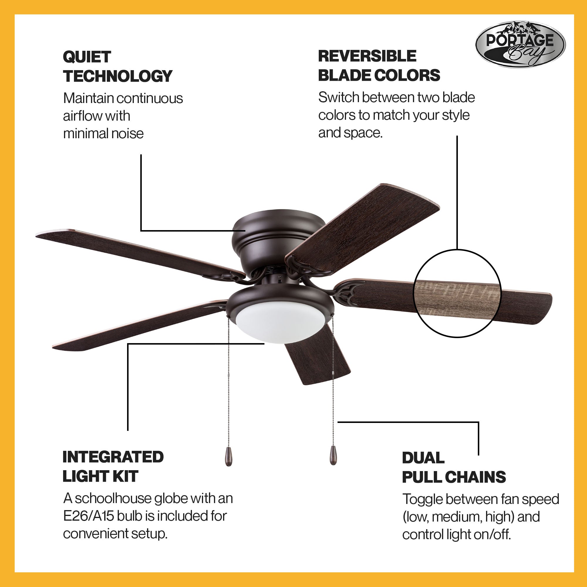 Portage Bay Cherry Hill 52" Ceiling Fan, Quiet Motor & Pull Chain, Sienna Bronze - VMInnovations