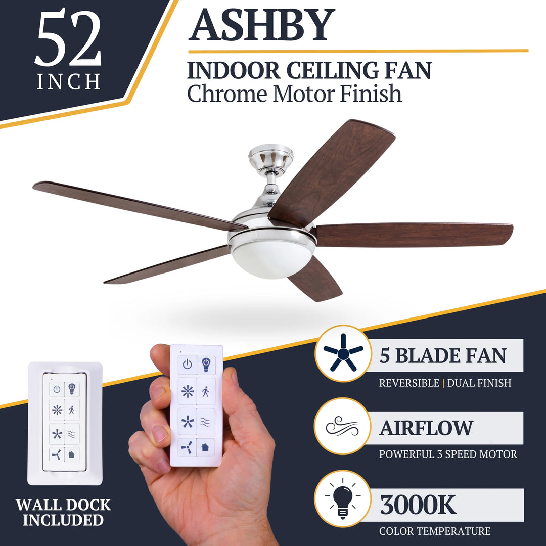 Prominence Home Ashby 52" Ceiling Fan w/Light, Remote, & 5 Blades, Oak/Chrome