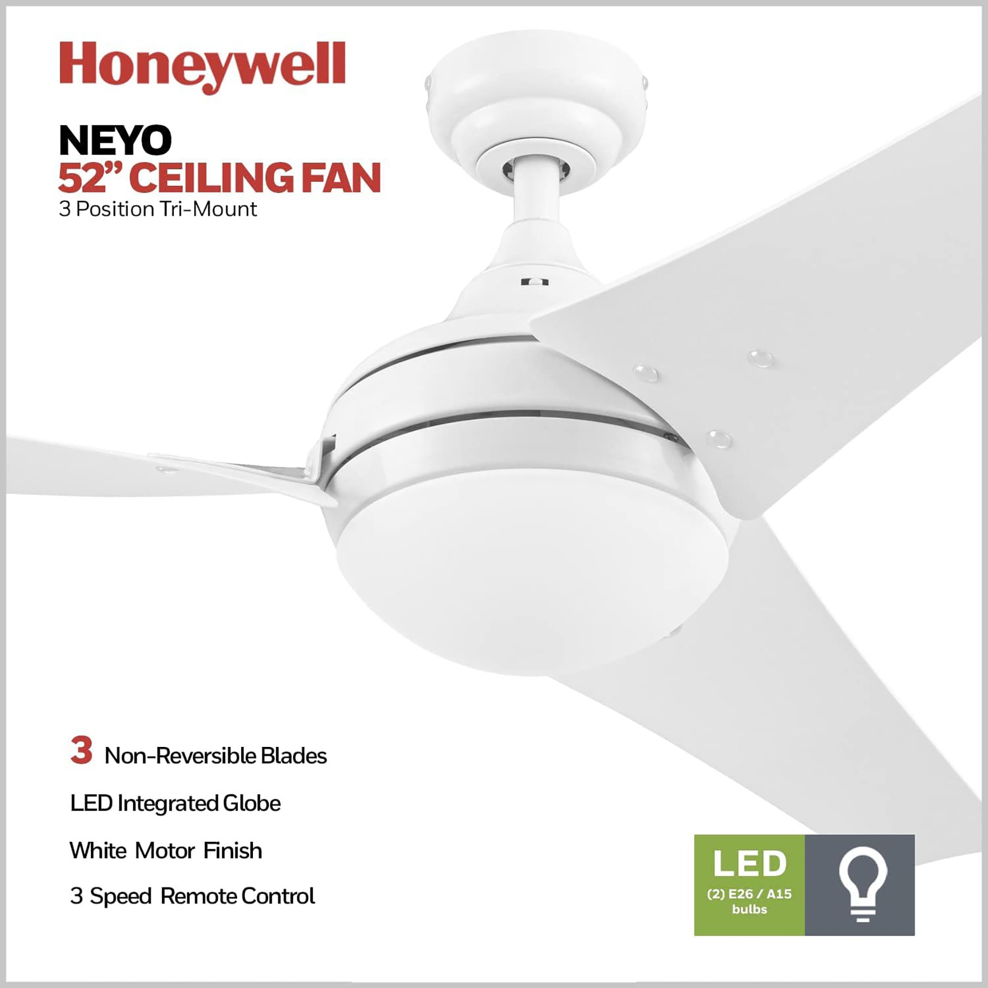 Honeywell Ceiling Fan, Quiet Motor & Remote Control, 52", Bright White(Open Box)