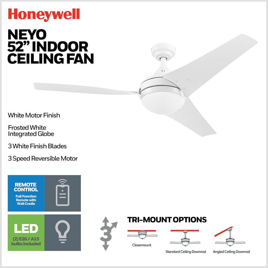 Honeywell Neyo Ceiling Fan, Quiet Motor & Remote Control, 52 Inch, Bright White - VMInnovations