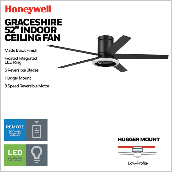 Honeywell Graceshire 52 Inch Ceiling Fan with Ring Light and Remote, Matte Black