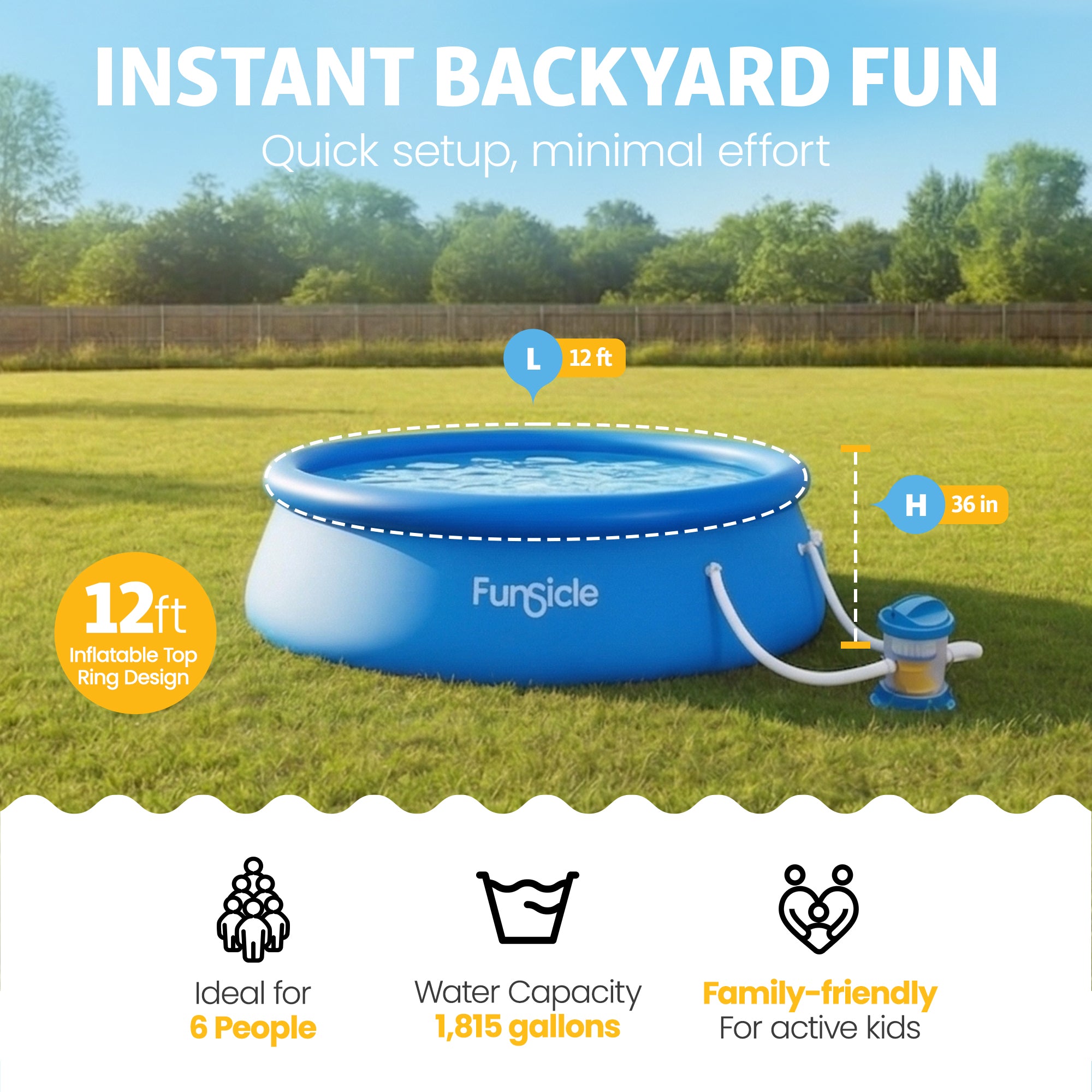 Funsicle QuickSet Inflatable Ring Top Outdoor Above Ground Pool w/Pump (Used)