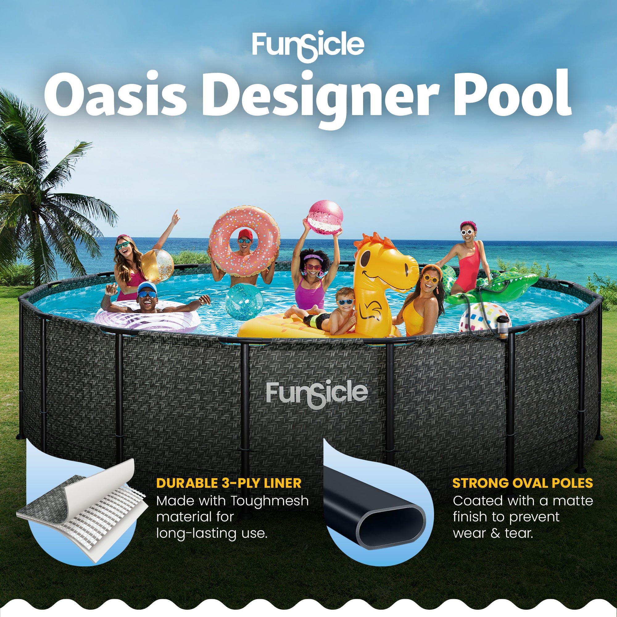 Funsicle Oasis Designer Round Above Ground Pool, Dark Herringbone (For Parts)