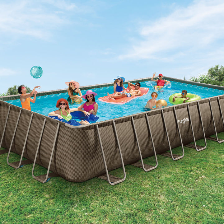 Funsicle 24 Ft Oasis Designer Lap Above Ground Pool w/ Pump, Brown Basketweave - VMInnovations