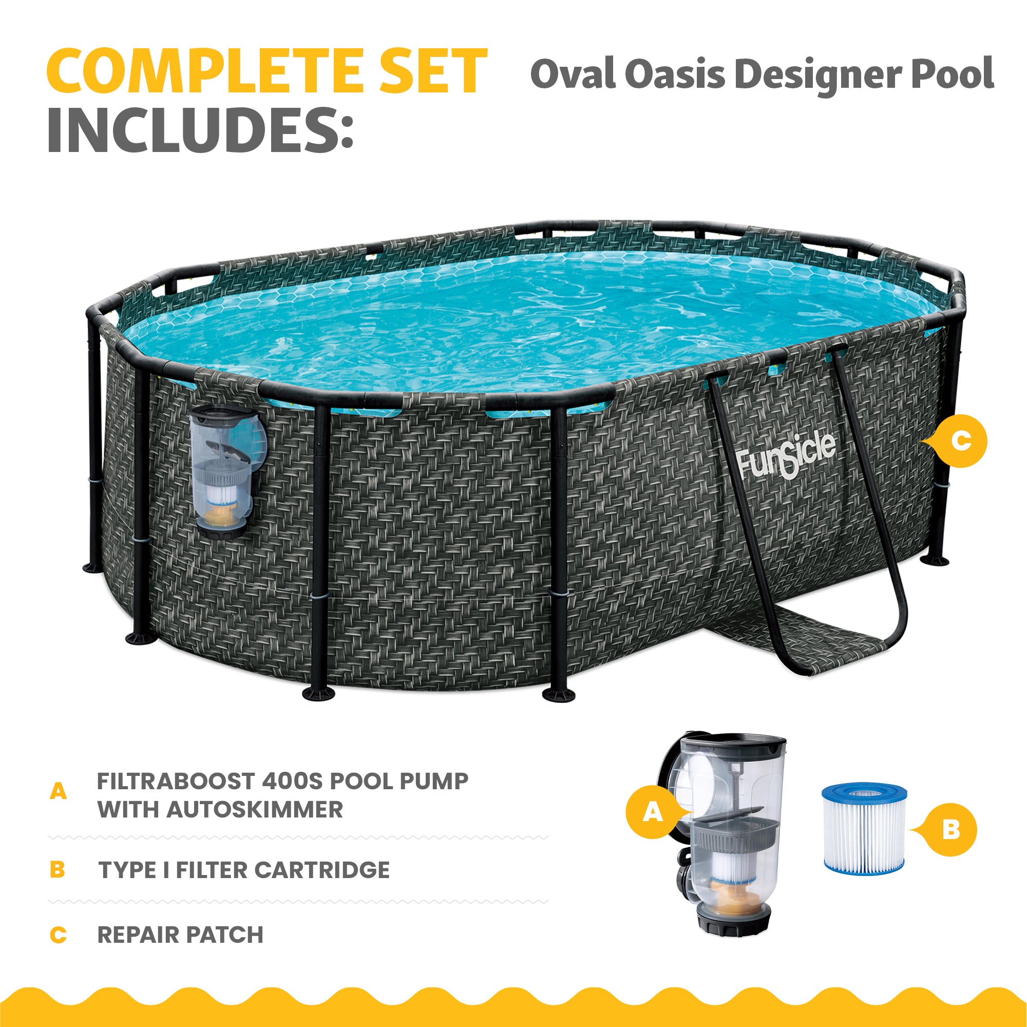 Funsicle 9'10" Oasis Designer Oval Above Ground Pool w/ Pump, Dark Herringbone - VMInnovations