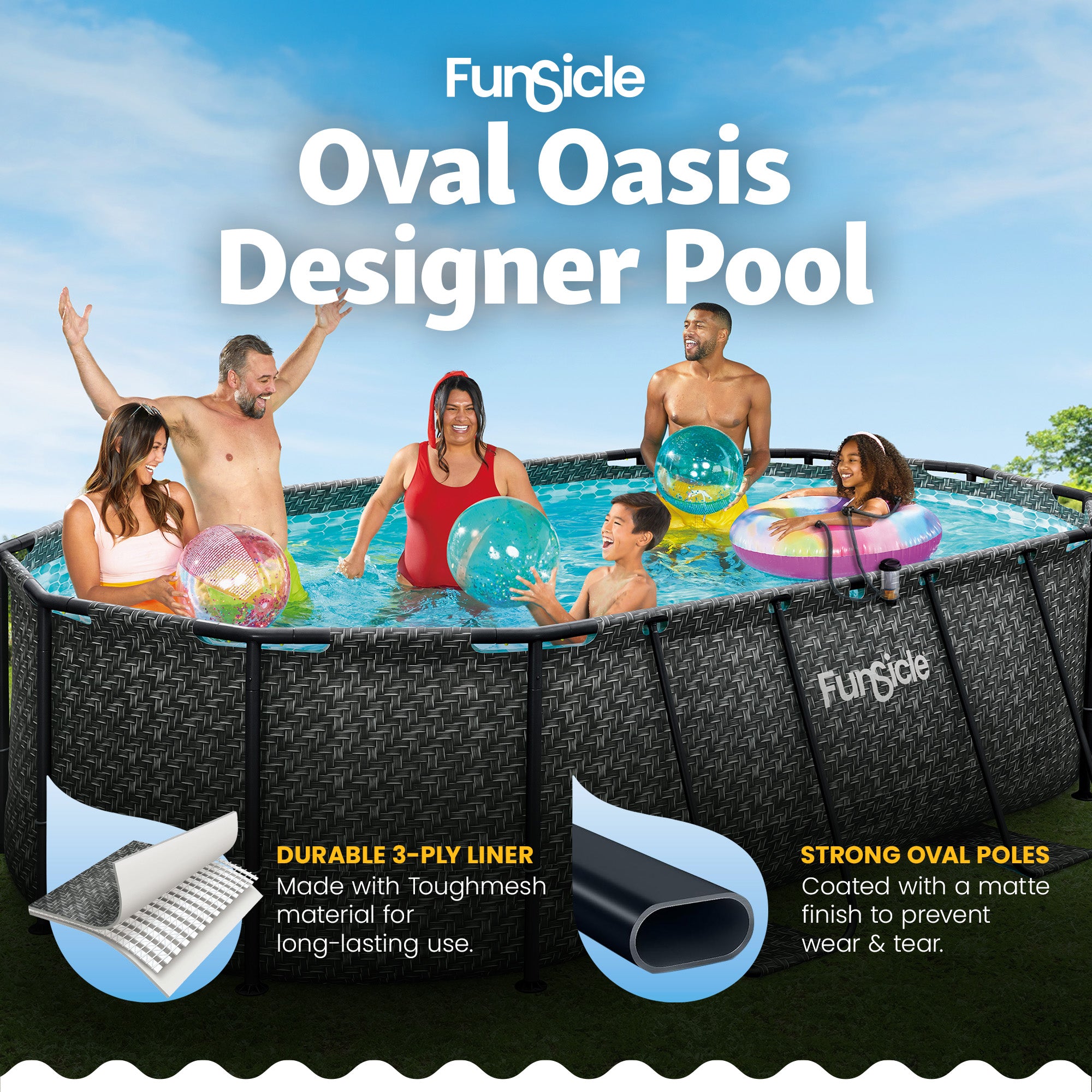 Funsicle 13'11" Oasis Designer Oval Above Ground Pool w/ Pump, Dark Herringbone
