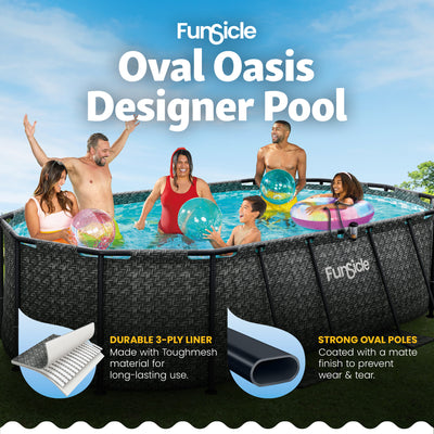 Funsicle 13'11" Oasis Designer Oval Above Ground Pool w/ Pump, Dark Herringbone