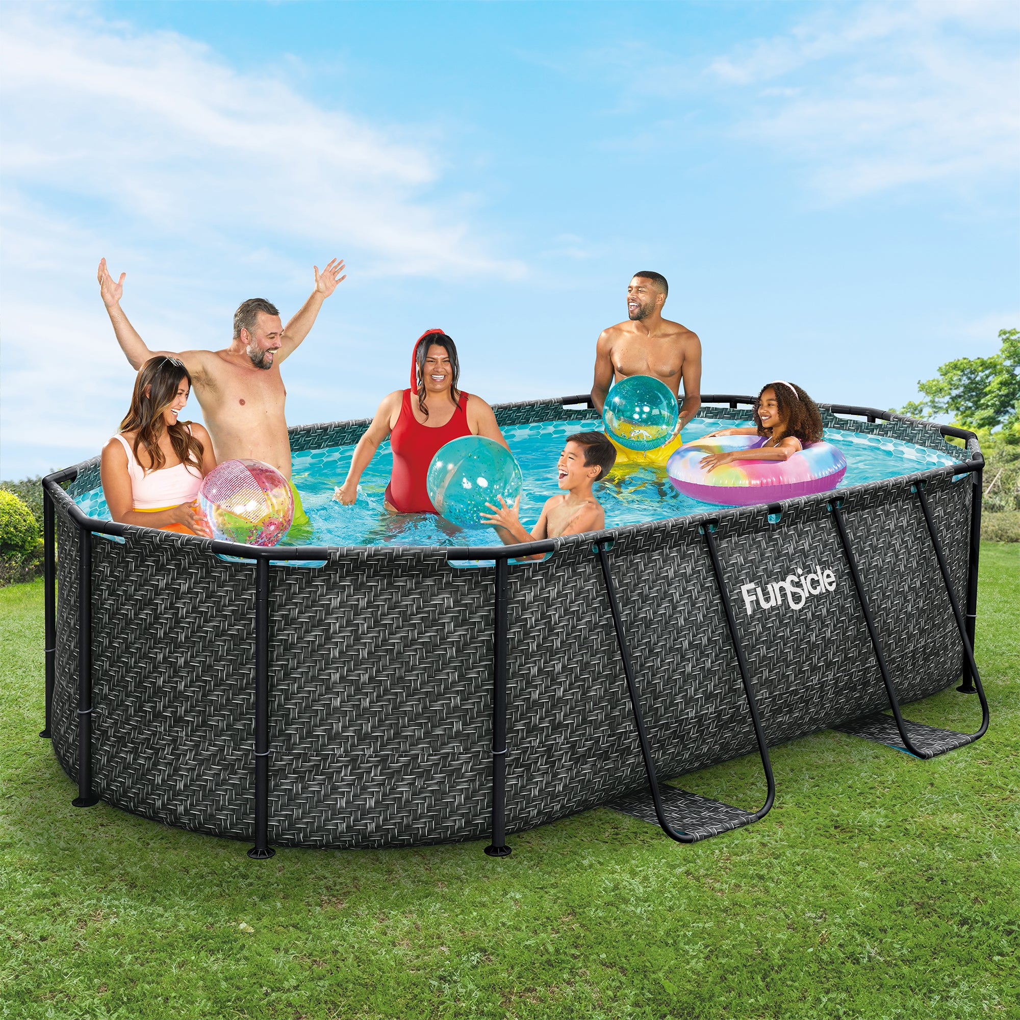Funsicle 13'11" Oasis Designer Oval Above Ground Pool w/ Pump, Dark Herringbone