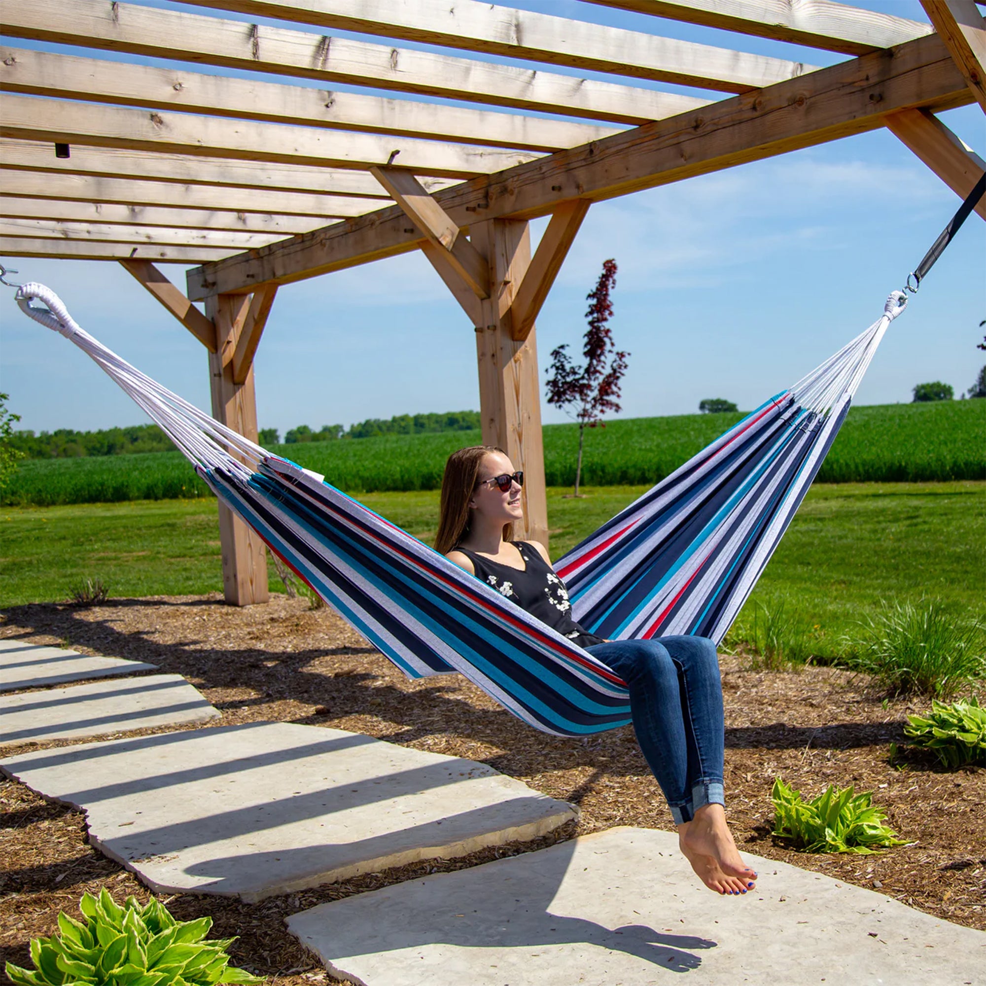 Vivere Brazilian Style Double Cotton Hammock, Outdoor Hanging Daybed, Denim - VMInnovations