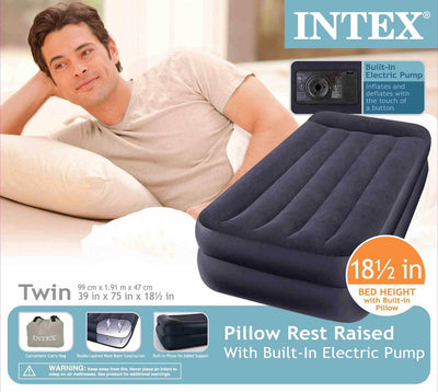 Intex Twin Raised Pillow Rest Flocked Airbeds with Built-In Air Pump (2 Pack)