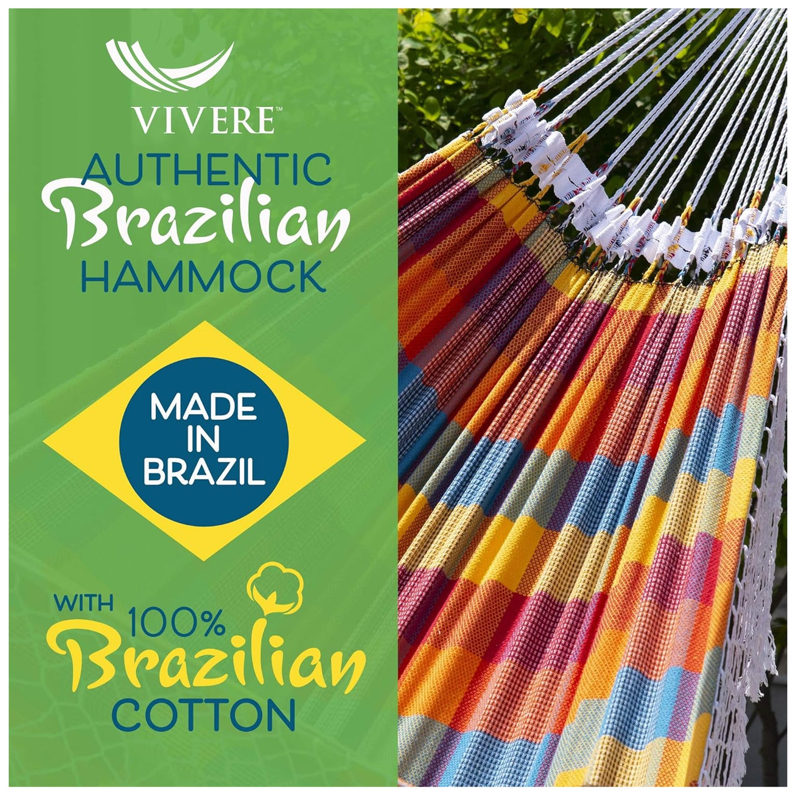 Vivere Authentic Brazilian Cotton Hammock, Outdoor Hanging Daybed, Carnival - VMInnovations