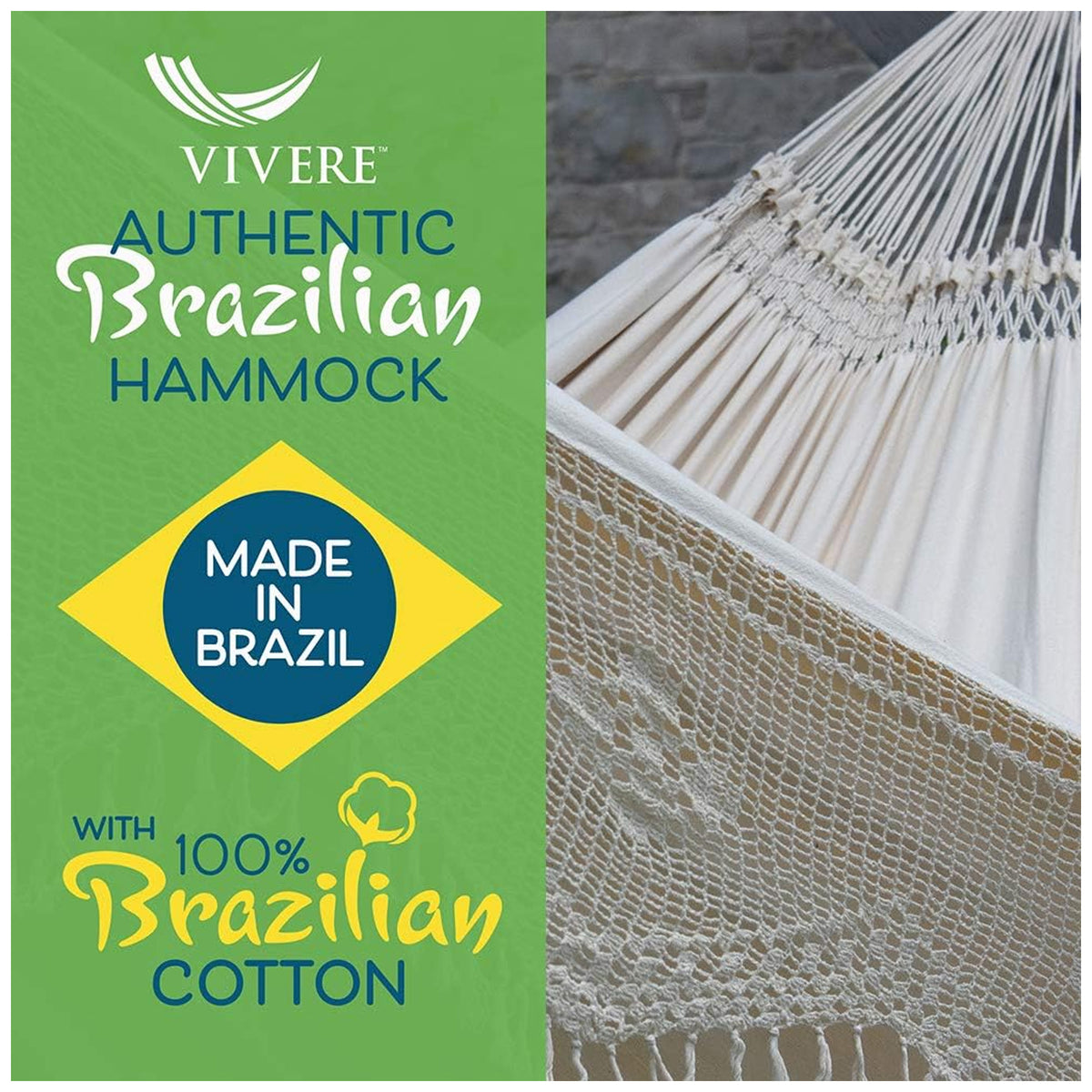 Vivere Authentic Brazilian Cotton Hammock, Hanging Daybed, Antique (Open Box)