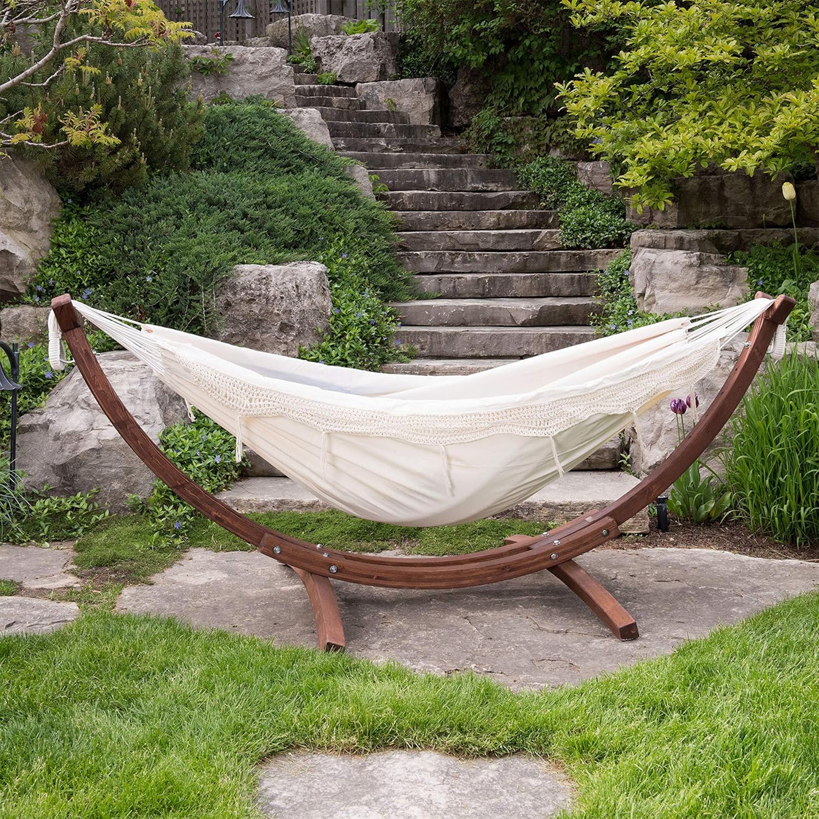 Vivere Double Cotton Hammock, Comfortable Daybed with Wood Frame, 8', Natural - VMInnovations