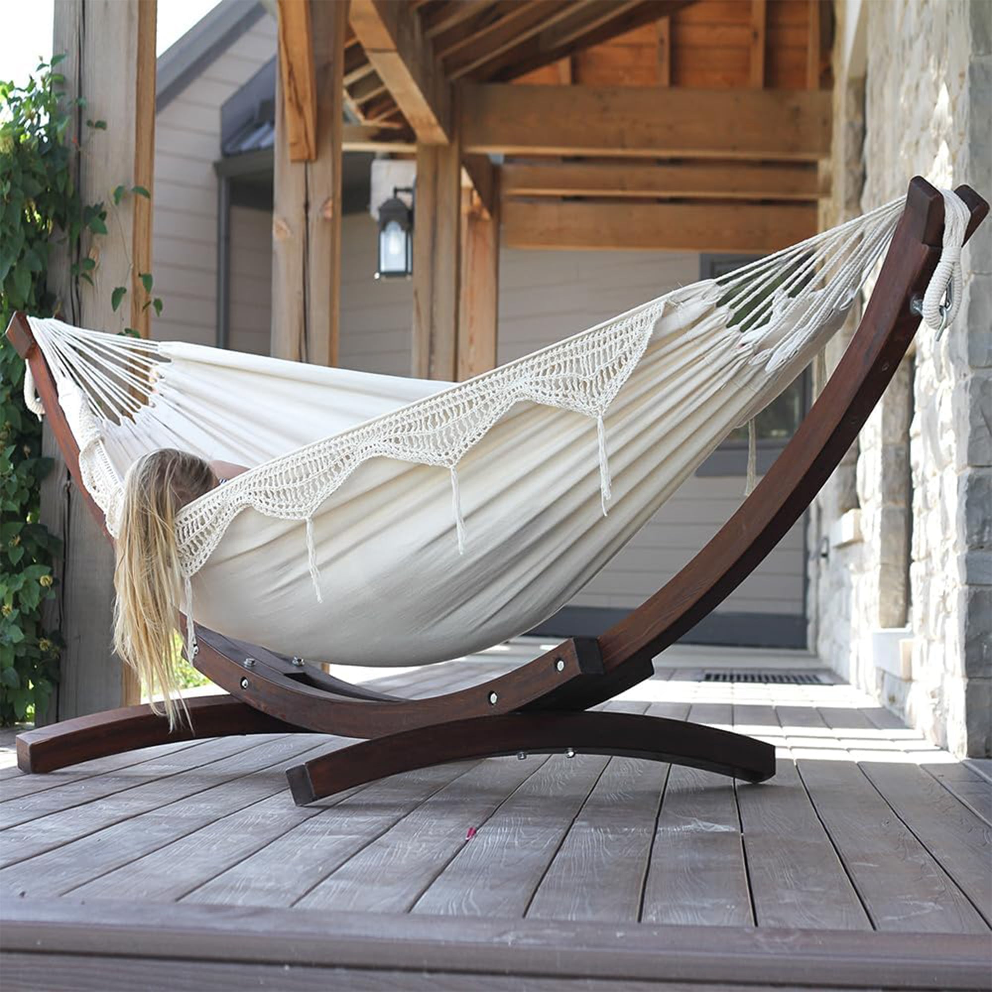 Vivere Double Cotton Hammock, Comfortable Daybed with Wood Frame, 8', Natural - VMInnovations