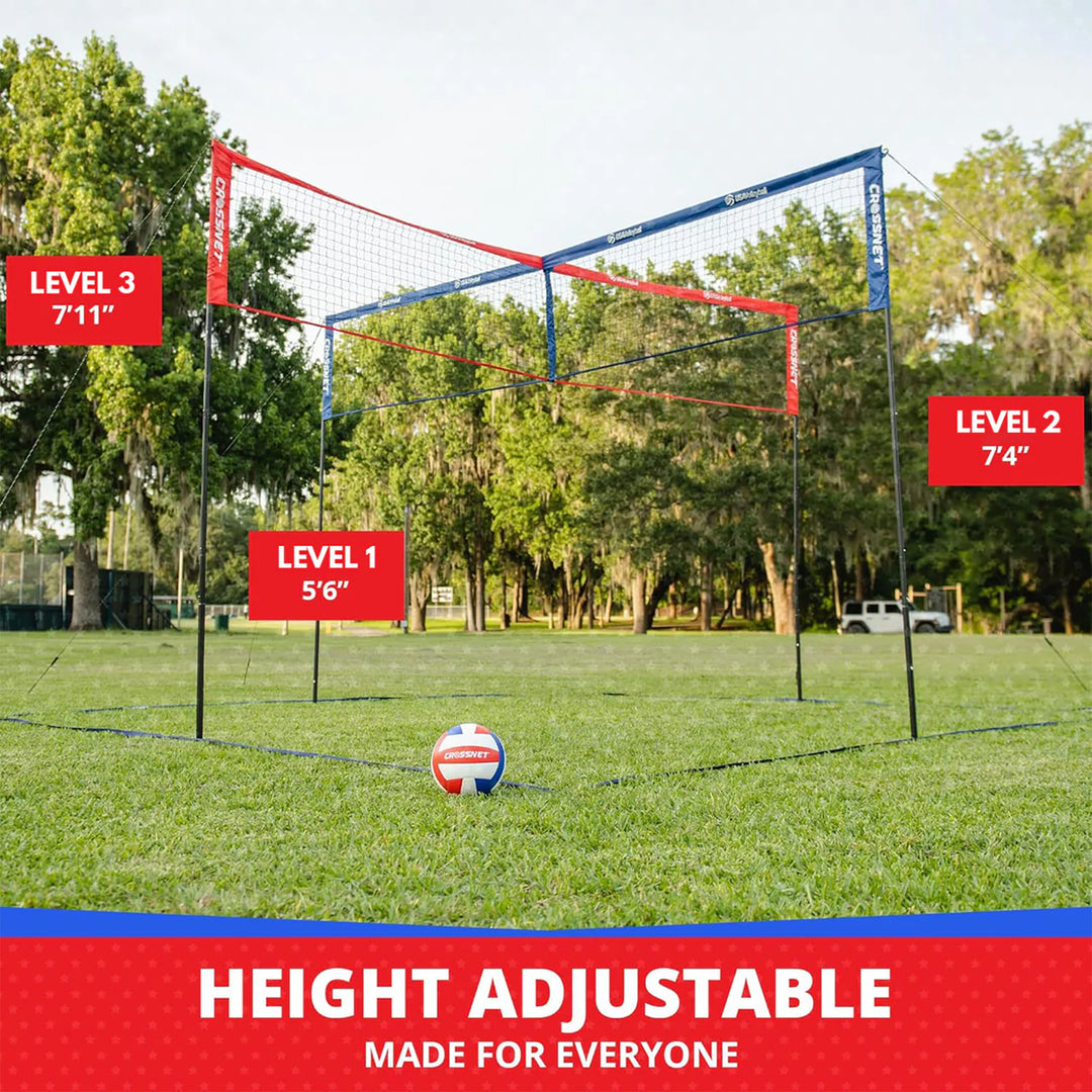 Vivere CROSSNET 4 Square Outdoor Volleyball Game Net Set with Ball, Star/Stripes