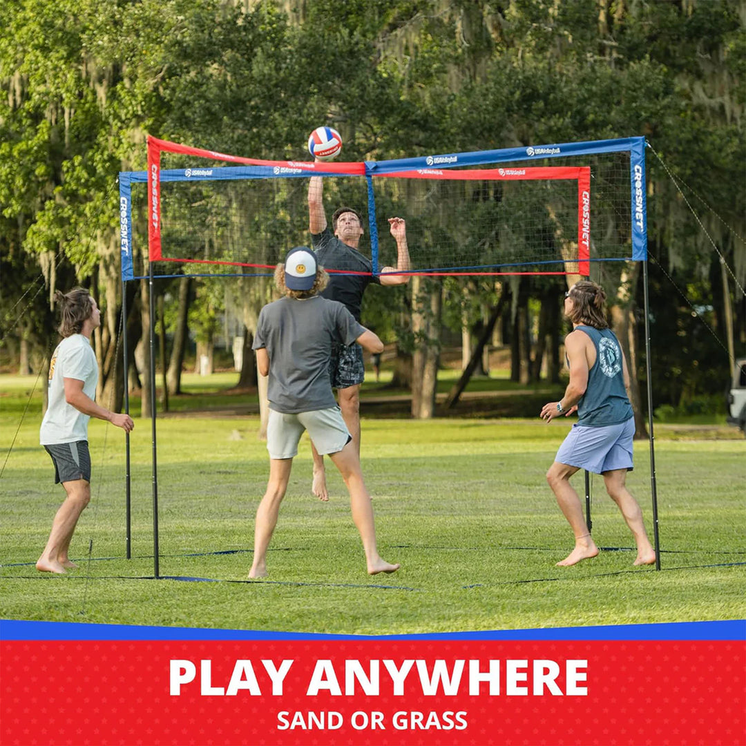 Vivere CROSSNET 4 Square Outdoor Volleyball Game Net Set with Ball, Star/Stripes
