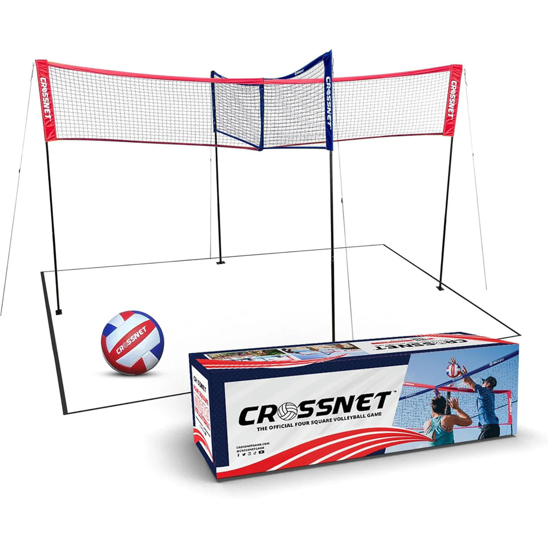 Vivere CROSSNET 4 Square Outdoor Volleyball Game Net Set with Ball, Star/Stripes