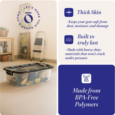 Homz 2 Pack 10-Gallon Clear Plastic Stackable Home Storage Bin with Lid, Black
