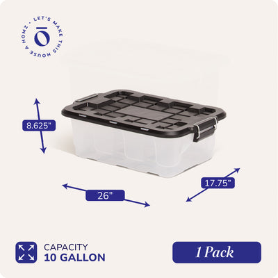 Homz 2 Pack 10-Gallon Clear Plastic Stackable Home Storage Bin with Lid, Black