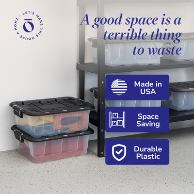 Homz 2 Pack 10-Gallon Clear Plastic Stackable Home Storage Bin with Lid, Black