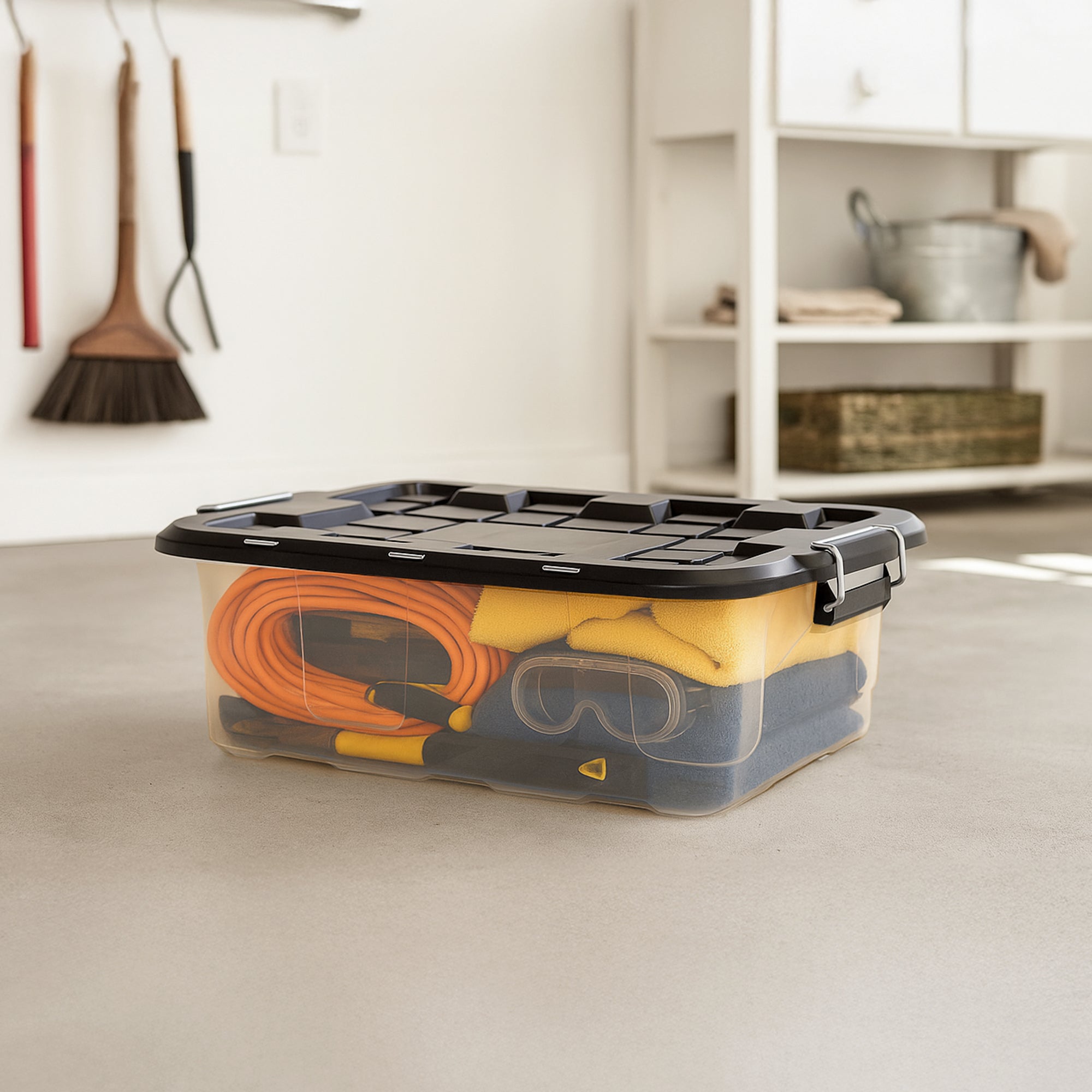 Homz 2 Pack 10-Gallon Clear Plastic Stackable Home Storage Bin with Lid, Black