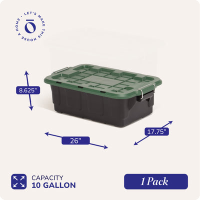 Homz 2 Pack 10-Gallon Plastic Stackable Home Storage Bins with Lids, Black/Green