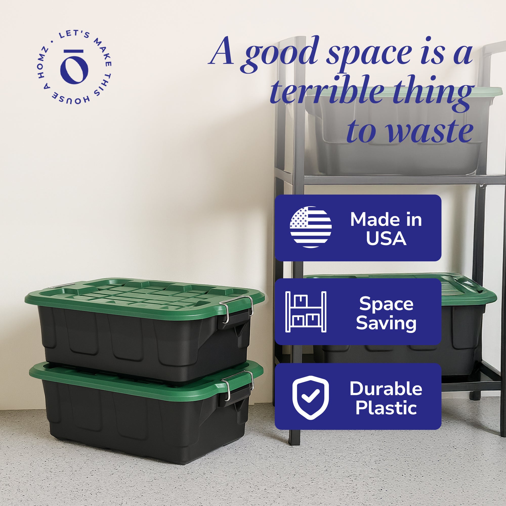 Homz 2 Pack 10-Gallon Plastic Stackable Home Storage Bins with Lids, Black/Green