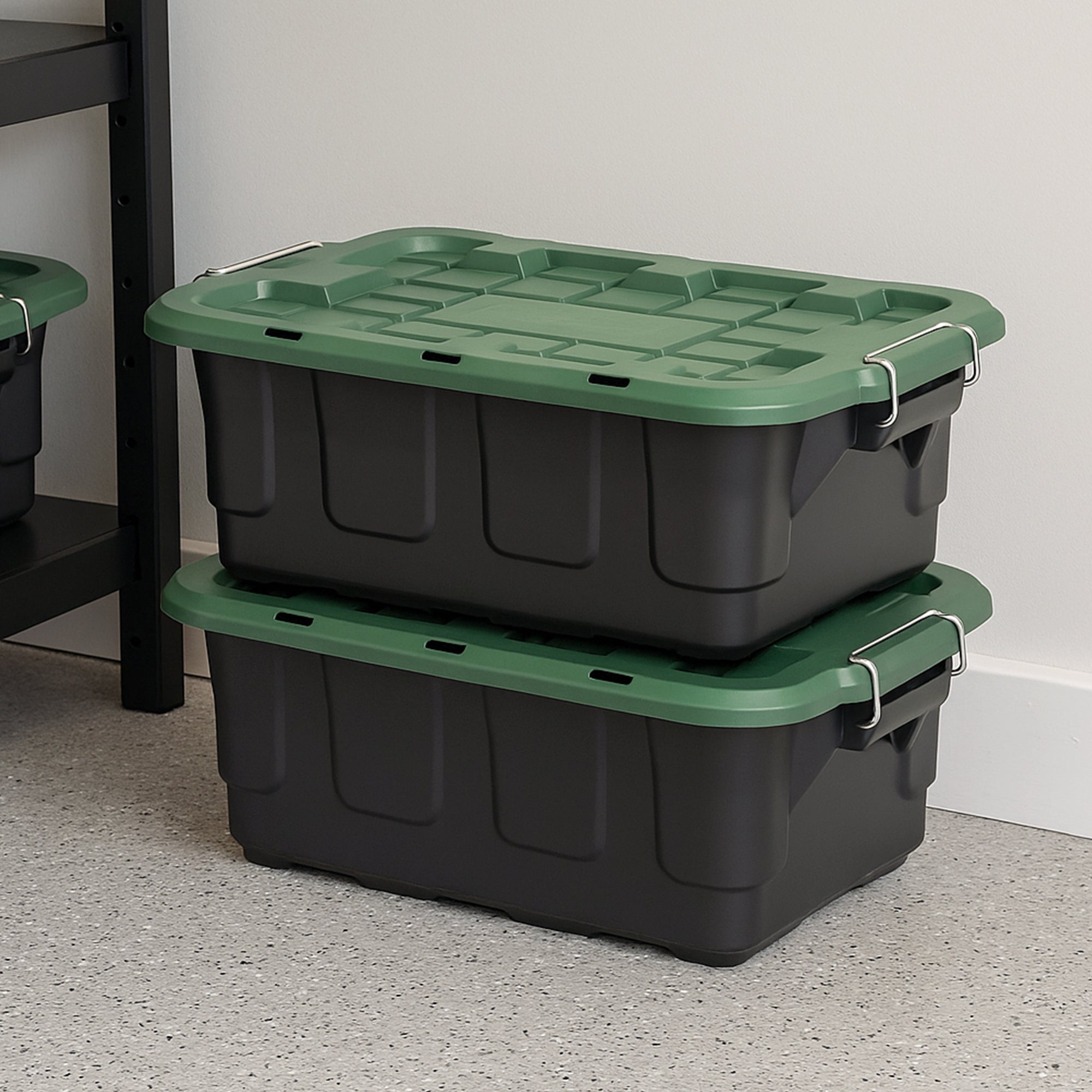 Homz 2 Pack 10-Gallon Plastic Stackable Home Storage Bins with Lids, Black/Green