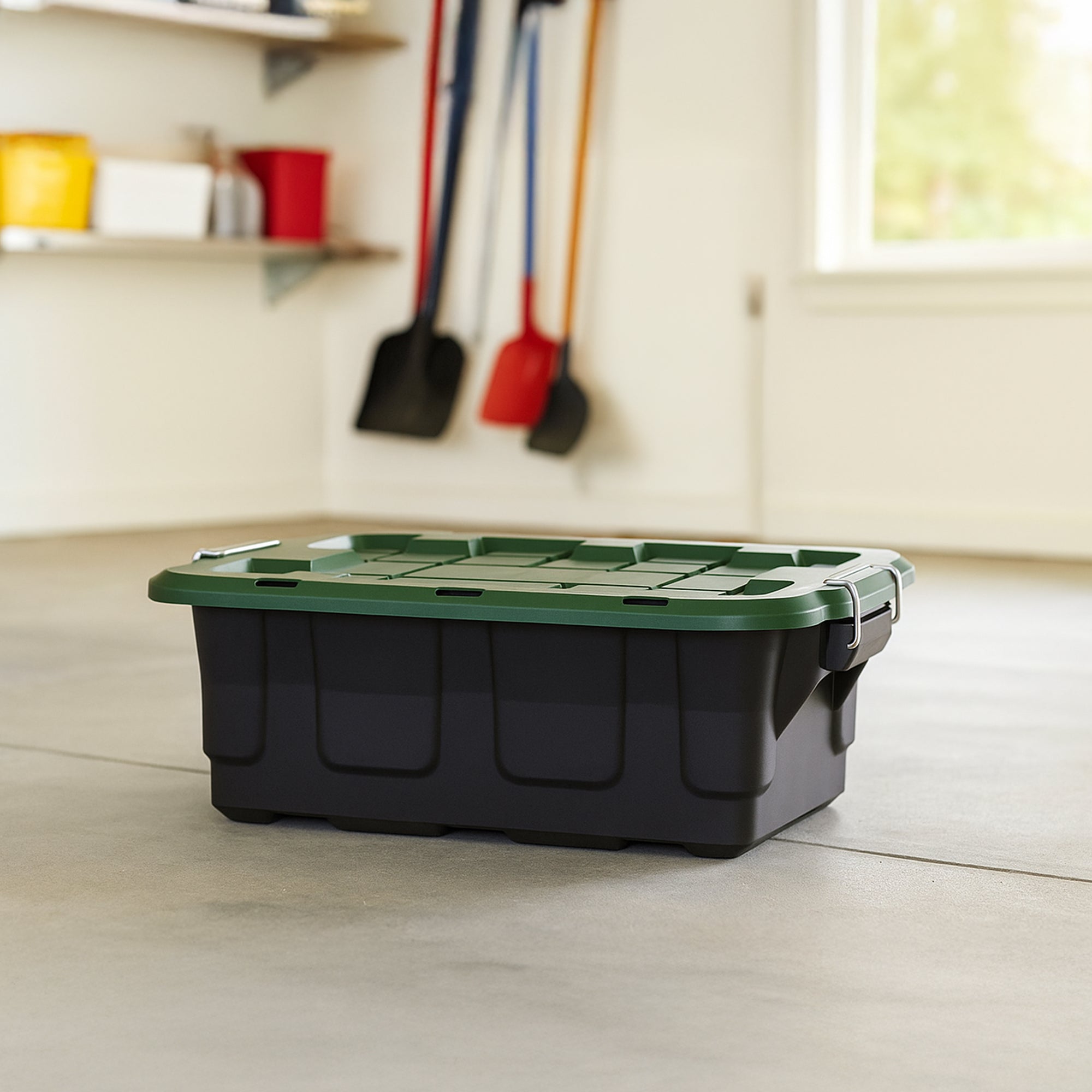 Homz 2 Pack 10-Gallon Plastic Stackable Home Storage Bins with Lids, Black/Green