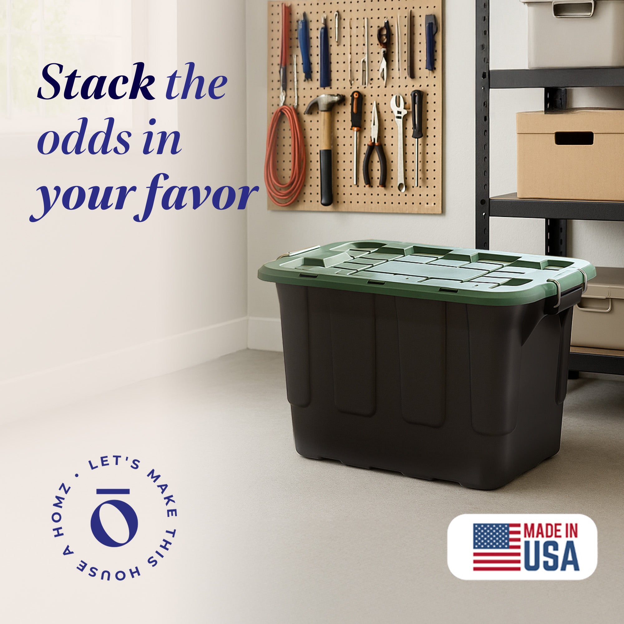 Homz 2 Pack 20-Gallon Plastic Stackable Home Storage Bins with Lids, Black/Green