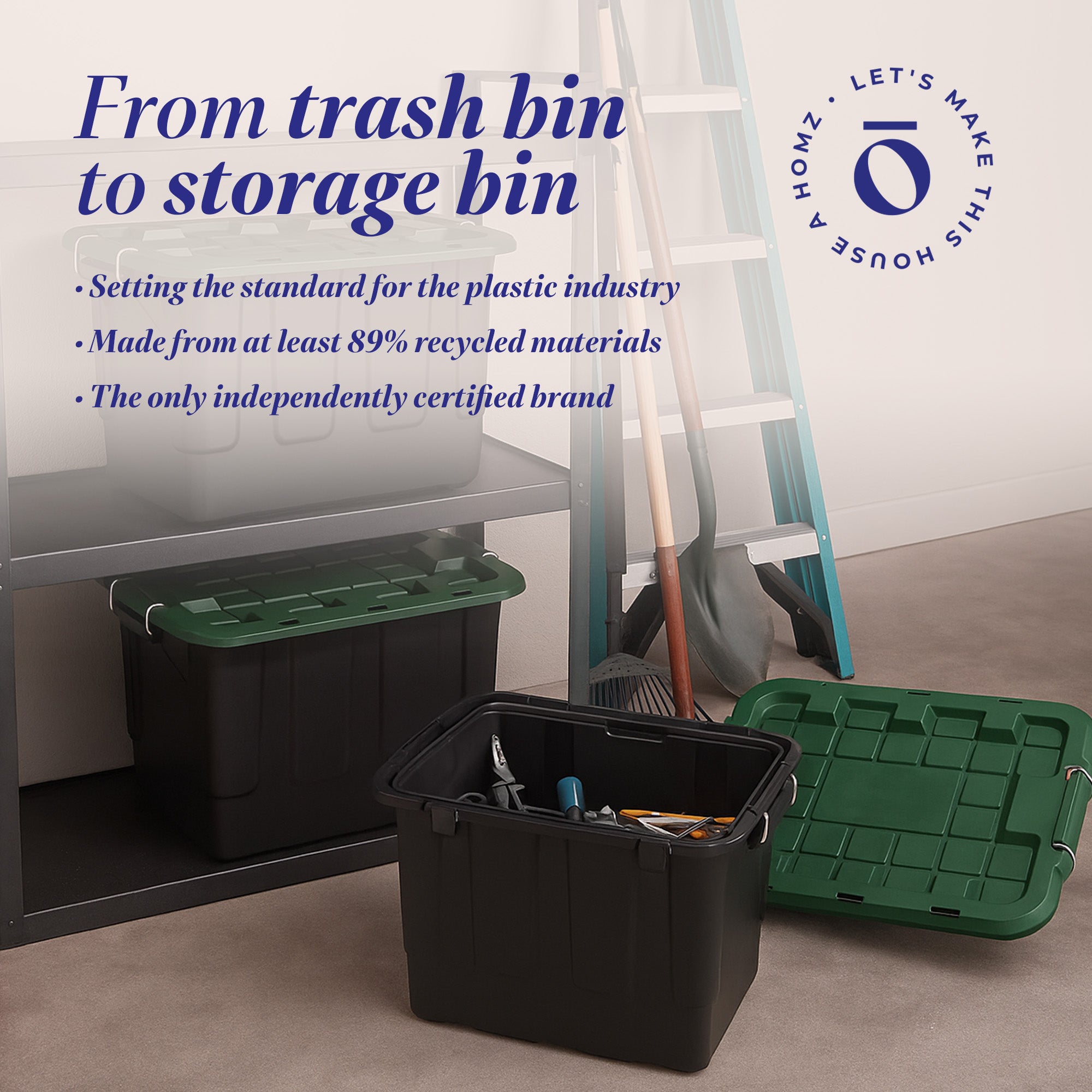 Homz 2 Pack 20-Gallon Plastic Stackable Home Storage Bins with Lids, Black/Green