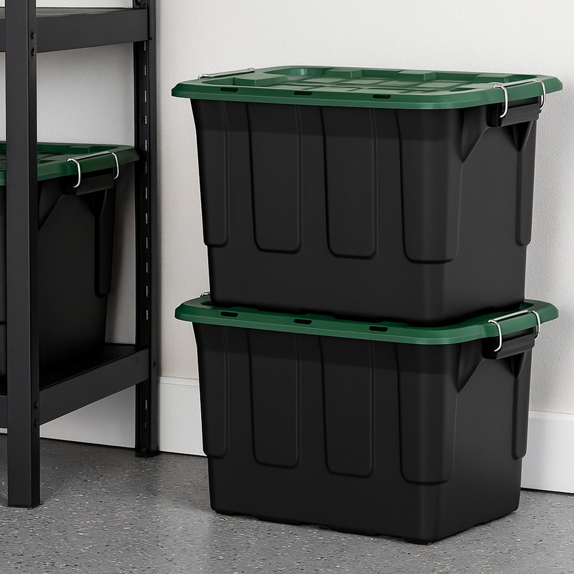 Homz 2 Pack 20-Gallon Plastic Stackable Home Storage Bins with Lids, Black/Green