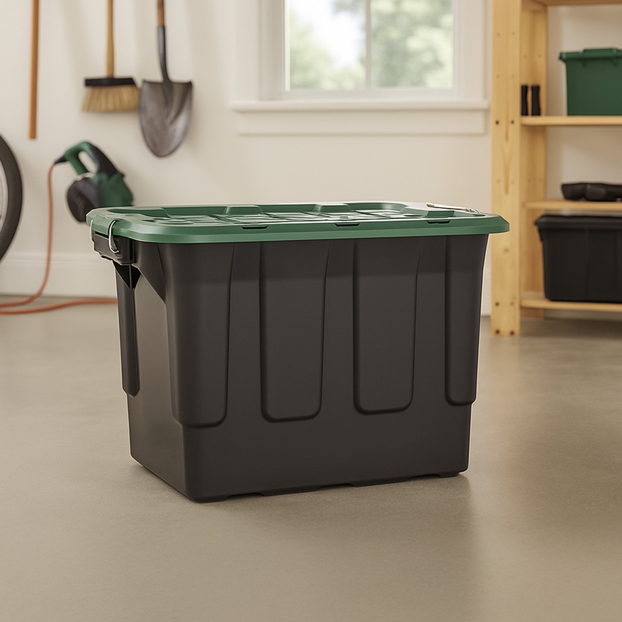 Homz 2 Pack 20-Gallon Plastic Stackable Home Storage Bins with Lids, Black/Green
