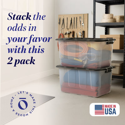 Homz 2 Pack 30-Gallon Clear Plastic Stackable Home Storage Bin with Lid, Black