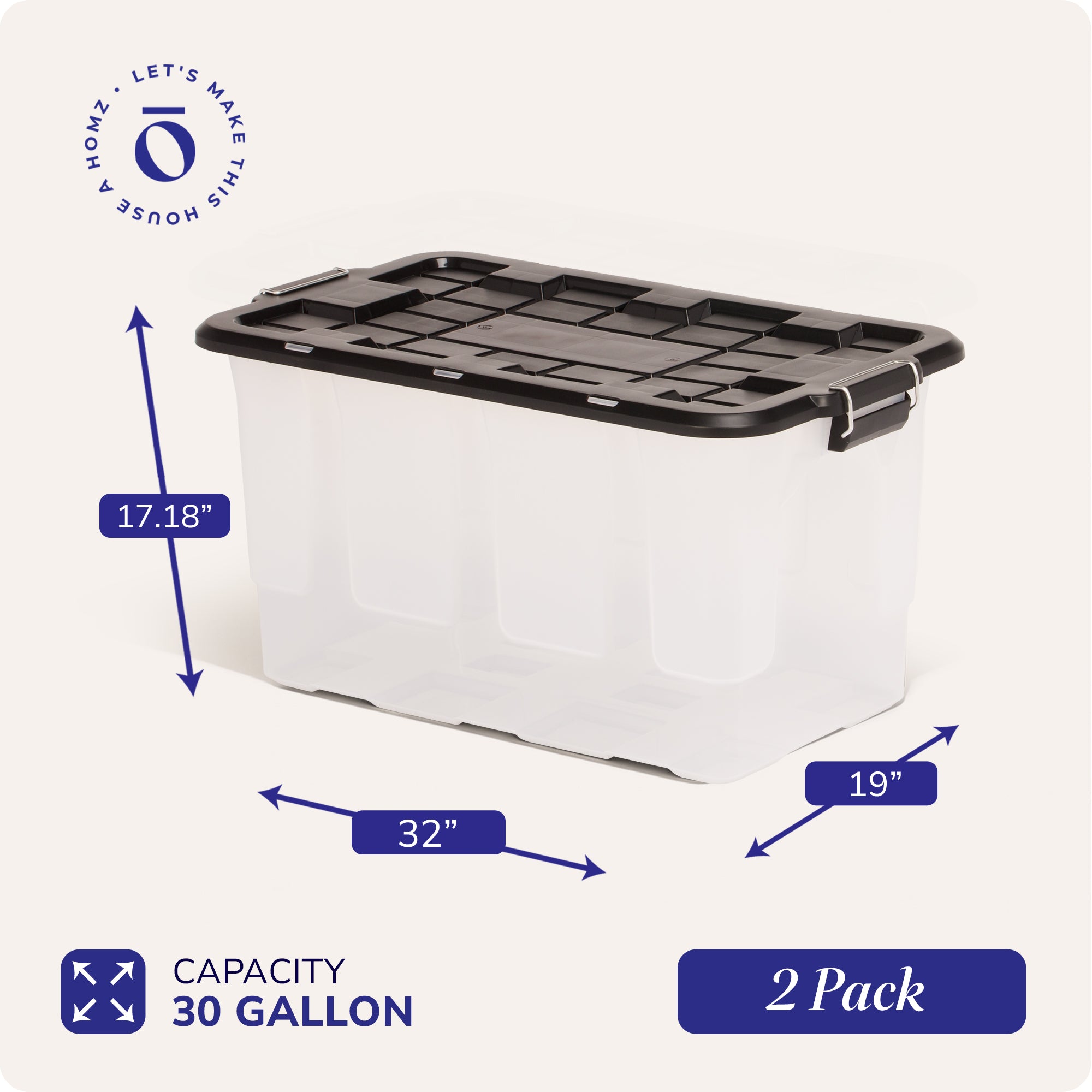 Homz 2 Pack 30-Gallon Clear Plastic Stackable Home Storage Bin with Lid, Black