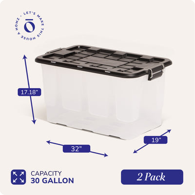 Homz 2 Pack 30-Gallon Clear Plastic Stackable Home Storage Bin with Lid, Black
