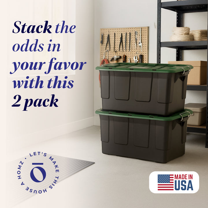 Homz 2 Pack 30-Gallon Plastic Stackable Home Storage Bins with Lids, Black/Green
