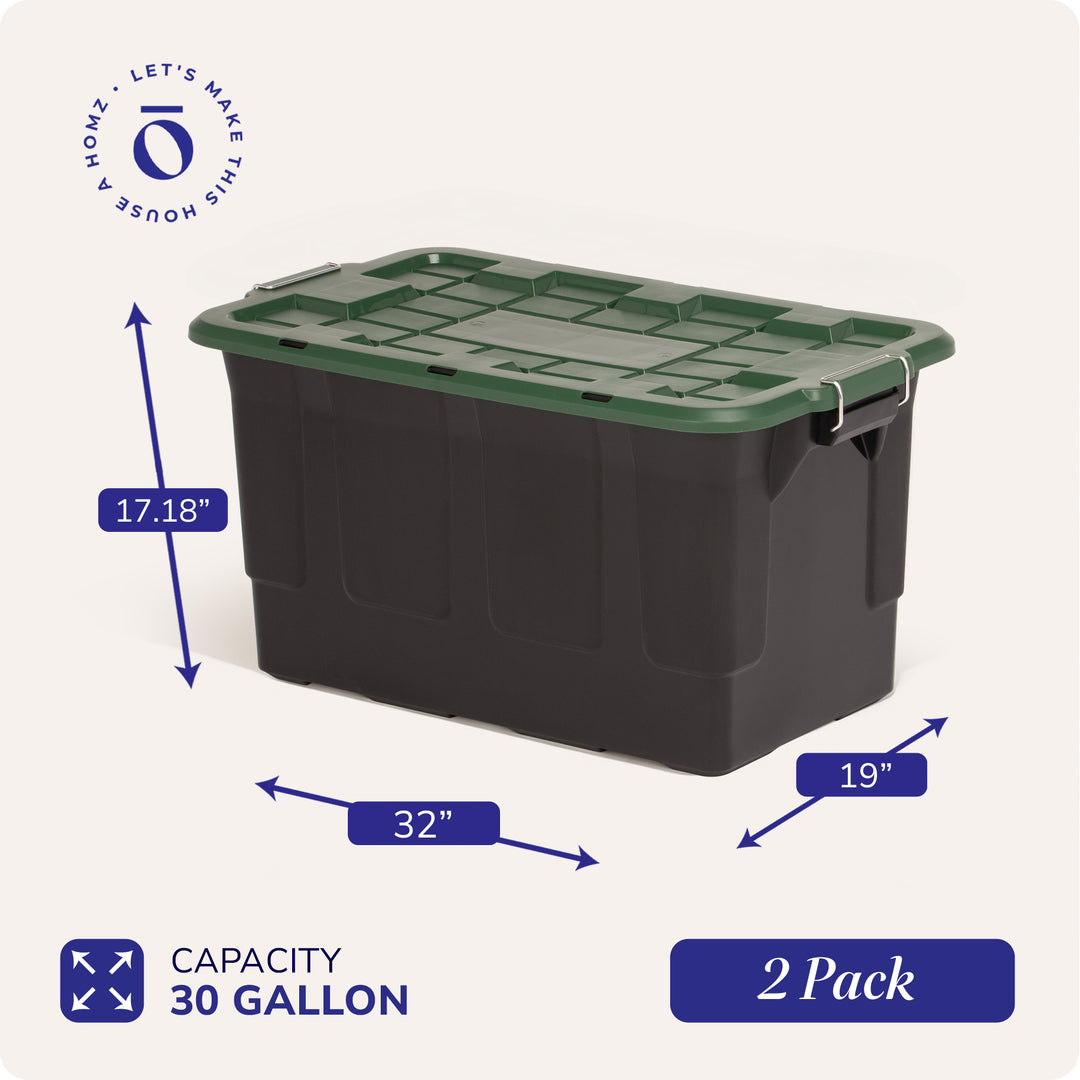 Homz 2 Pack 30-Gallon Plastic Stackable Home Storage Bins with Lids, Black/Green