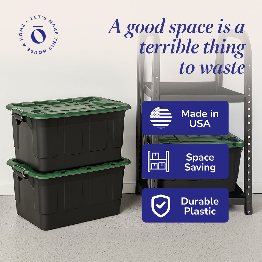 Homz 2 Pack 30-Gallon Plastic Stackable Home Storage Bins with Lids, Black/Green