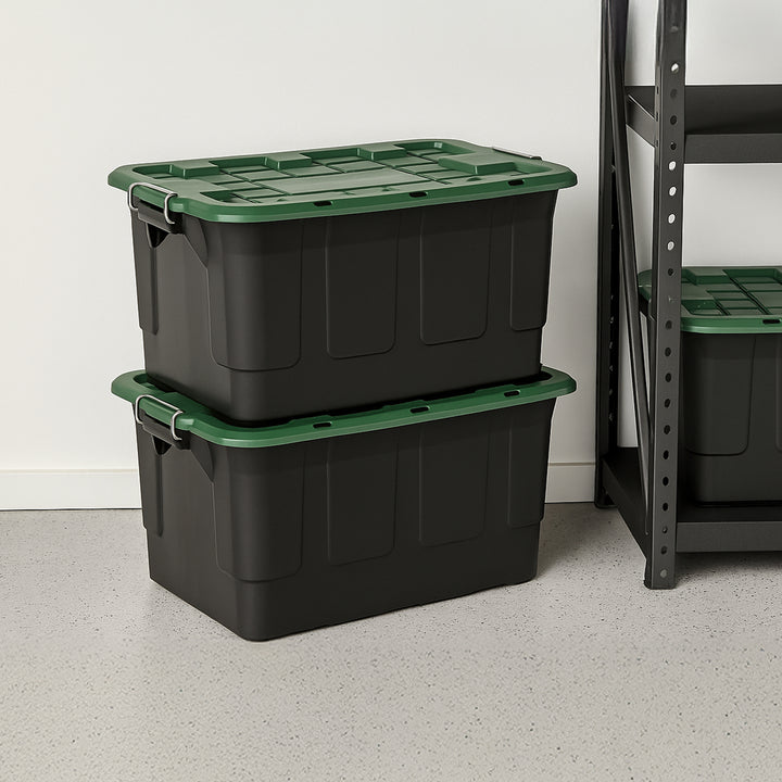 Homz 2 Pack 30-Gallon Plastic Stackable Home Storage Bins with Lids, Black/Green