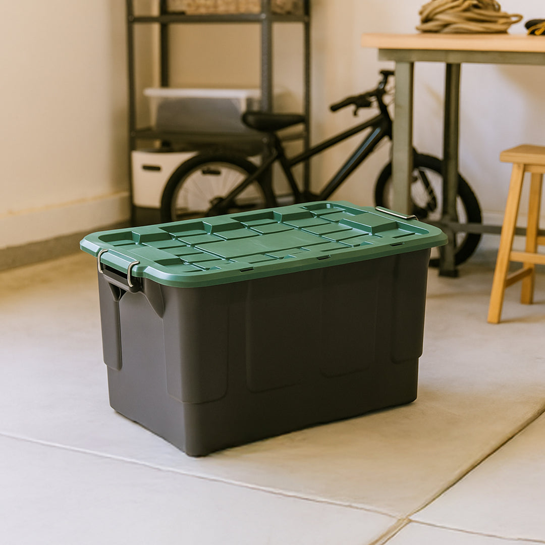Homz 2 Pack 30-Gallon Plastic Stackable Home Storage Bins with Lids, Black/Green