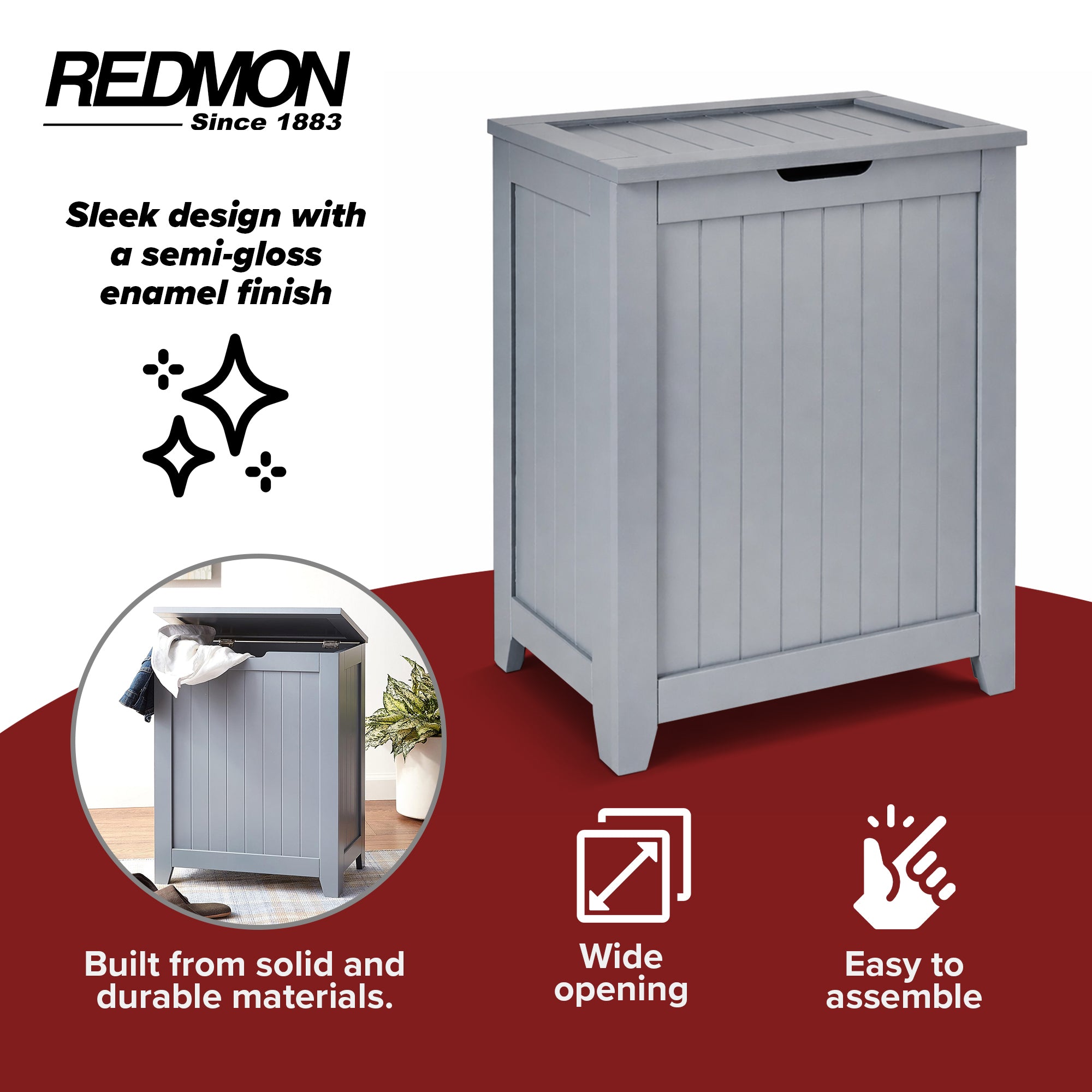 Redmon Contemporary Wooden Clothes Hamper for Bedroom and Laundry Room, Gray - VMInnovations