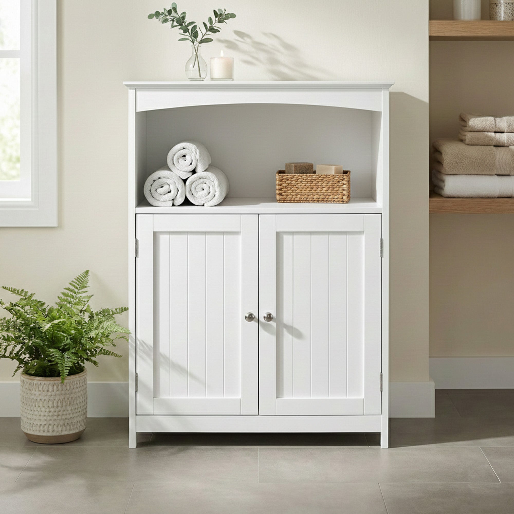 Redmon Double Door Bathroom Floor Cabinet with Open Shelf Storage, (Open Box)