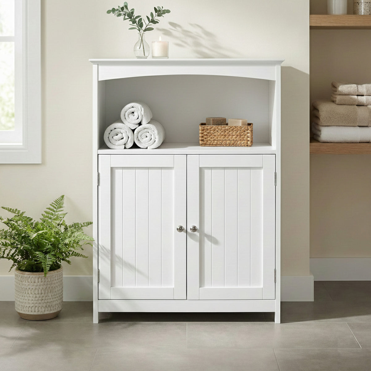 Redmon Double Door Bathroom Floor Cabinet with Open Shelf Storage, (Open Box)
